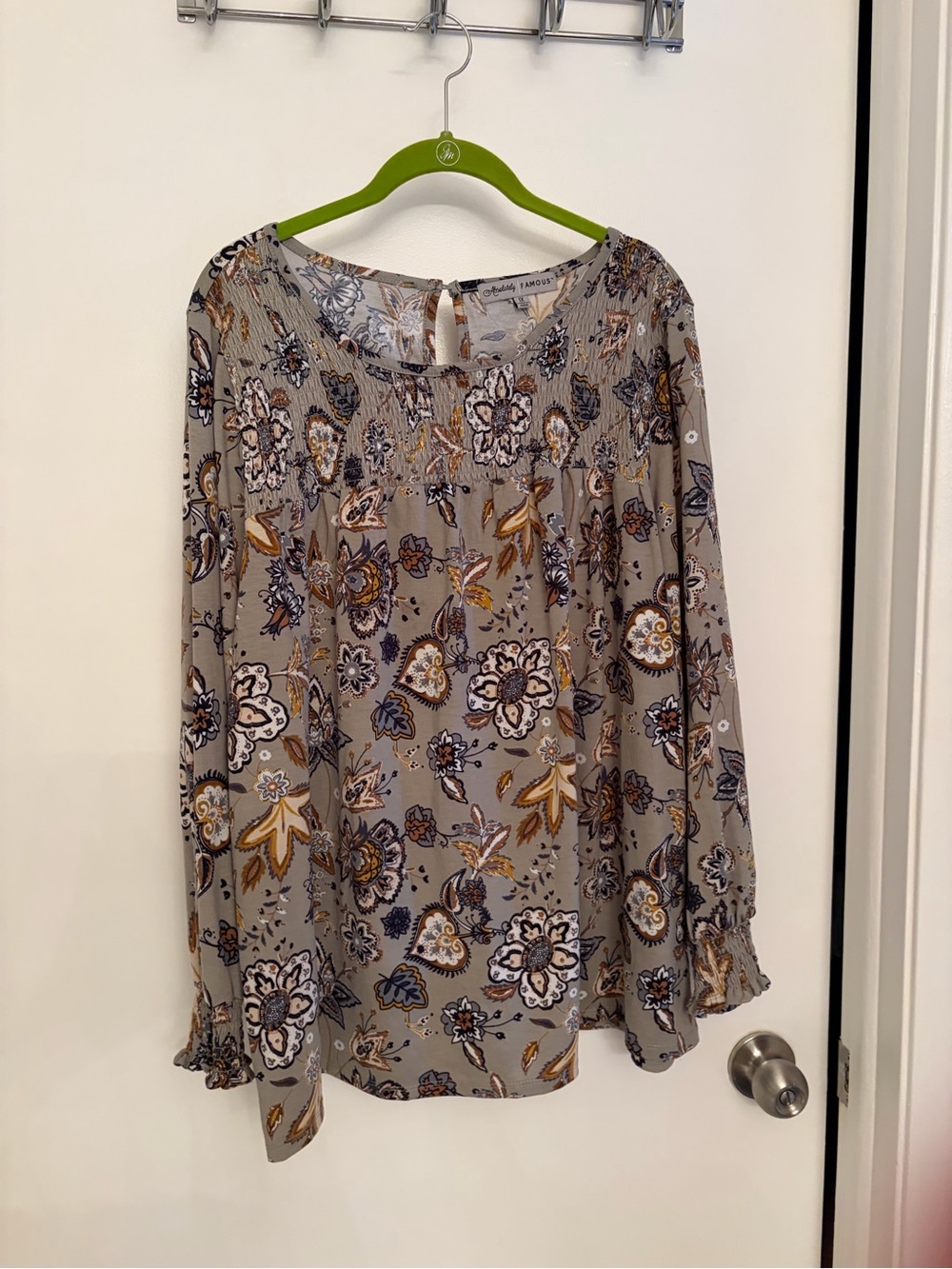 Absolutely Famous Taupe Floral Smocked Yoke Blouse with Mustard & Navy Accents